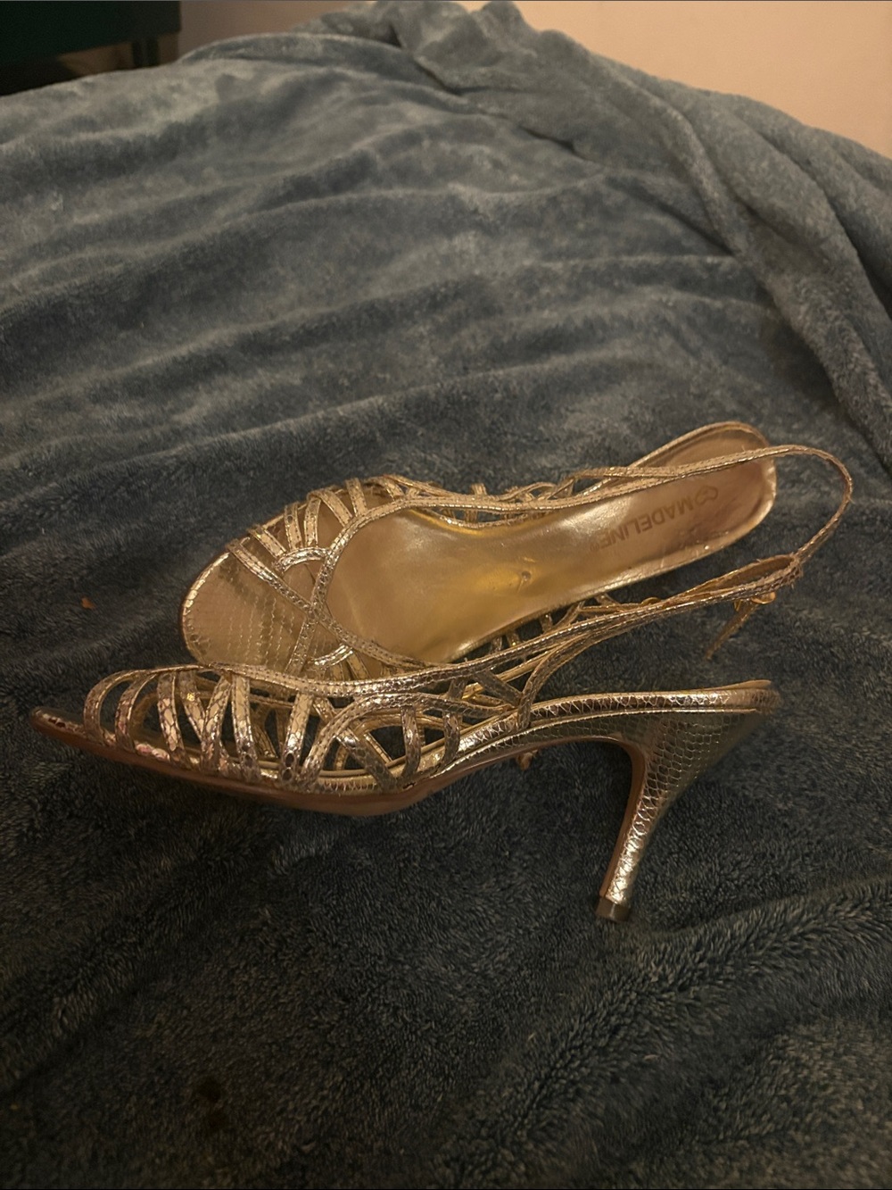 BCBG Leather Metallic Gold Strappy Slingback Heels